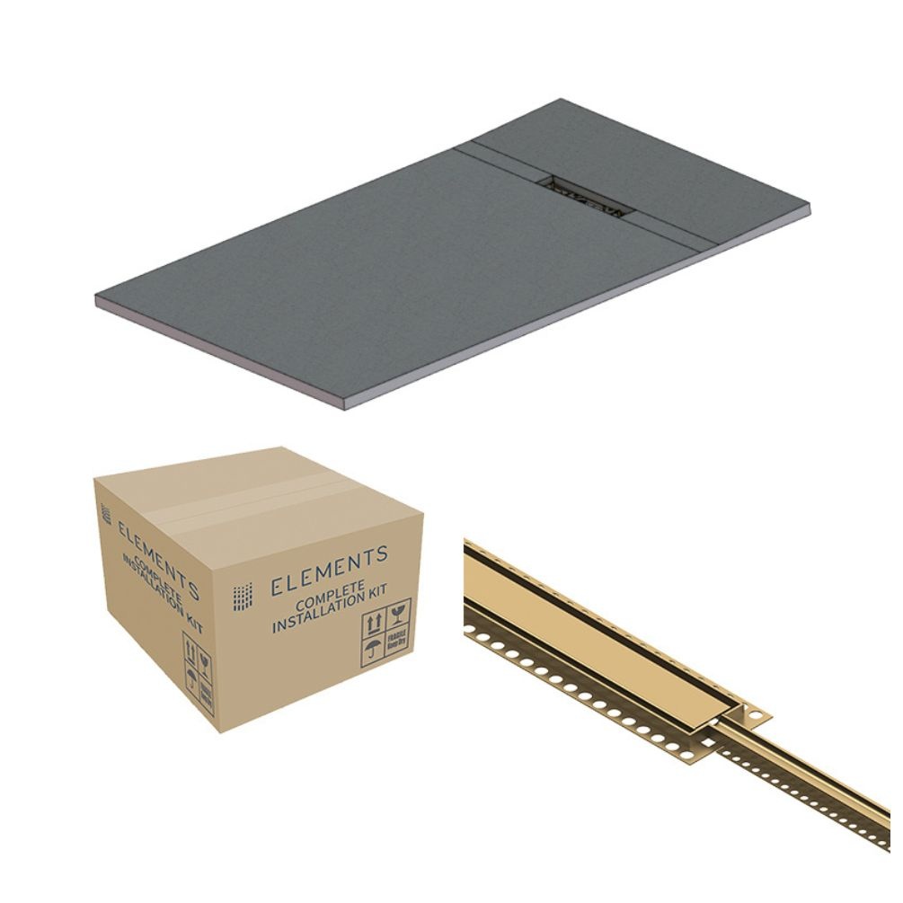 Cut out image of the Abacus Elements Linear Uno 1400mm x 900mm Brushed Brass End Drain Wetroom Former Kit